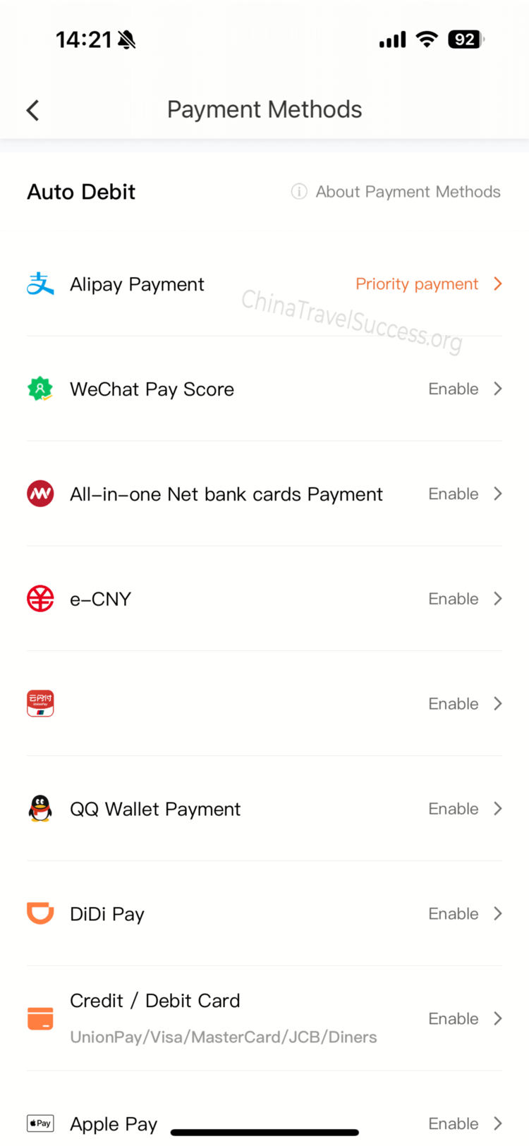 Payment methods overview in DiDi