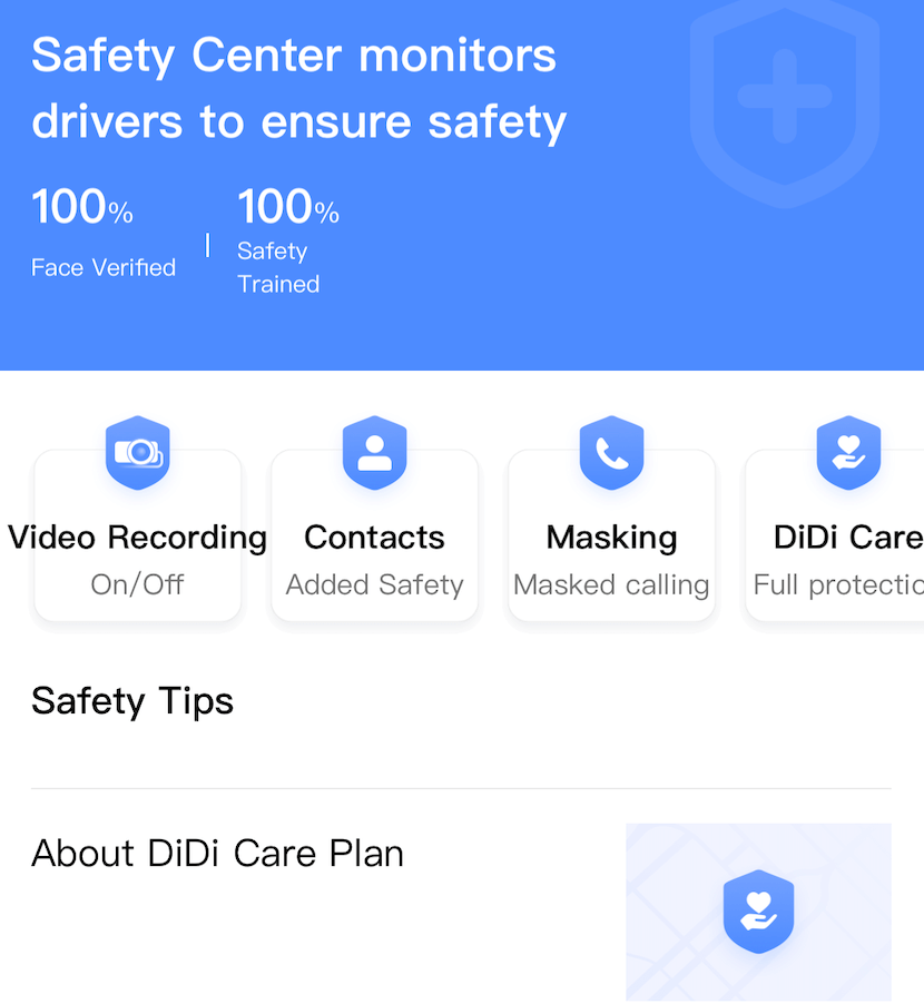 Didi ride-hailing app interface showing safety features